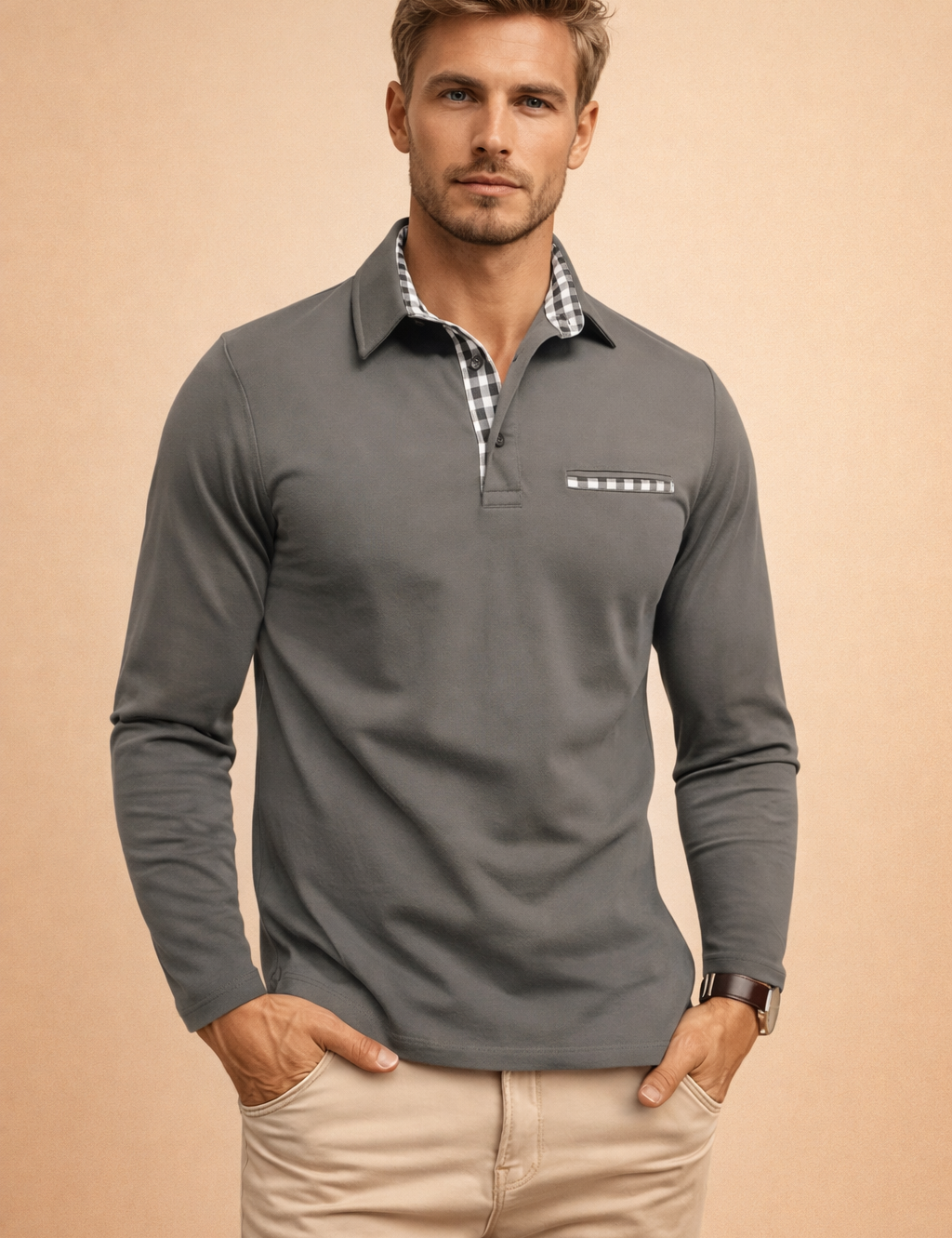 Long-sleeve tailored polo top with structured collar, clean button placket, subtle contrast check detail at the neckline and chest pocket trim, slim modern fit, styled with classic straight-leg trousers.