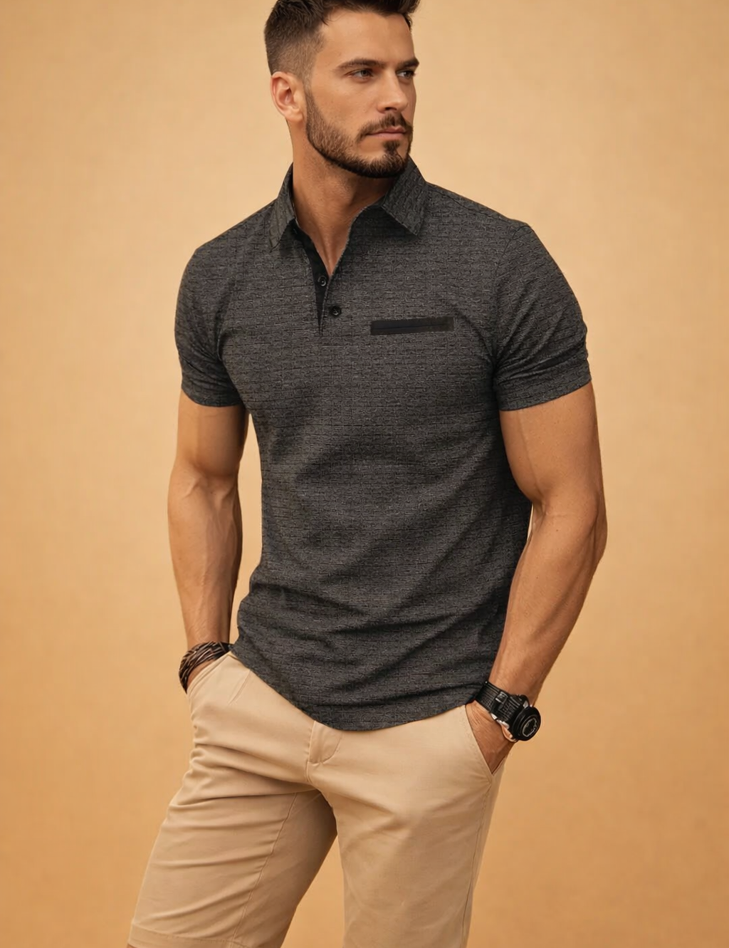Modern short-sleeve polo top with subtle textured pattern, clean button placket, structured collar, and tailored beige knee-length shorts styled in a refined smart-casual men’s outfit.