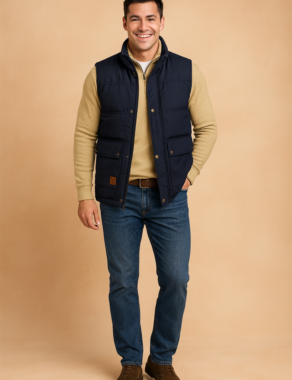 Men’s navy blue sleeveless winter vest with warm sherpa lining, snap button closure, and dual front pockets for a stylish and functional cold-weather look.
