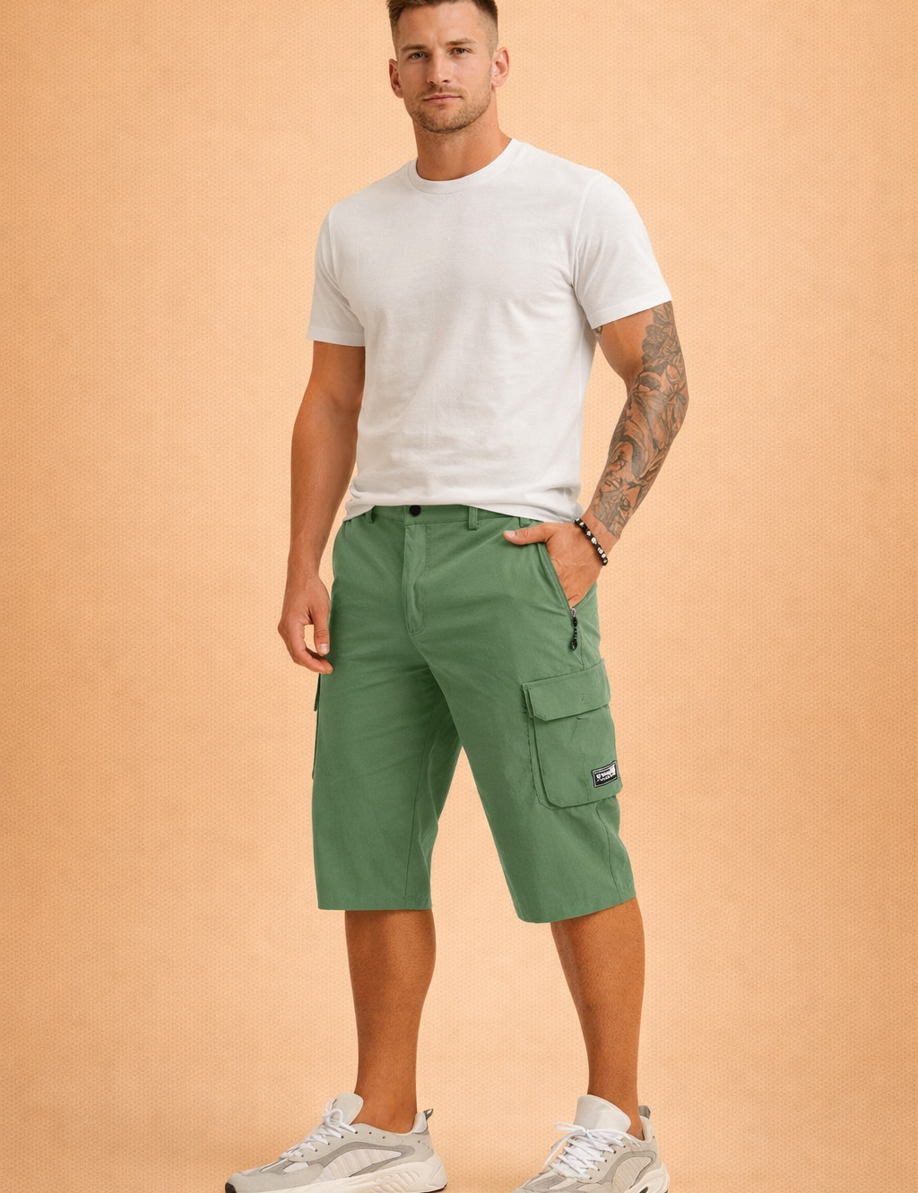 Men’s olive green outdoor cargo shorts with a smooth matte fabric finish, knee-length straight cut, structured waistband with belt loops and single button closure, zip fly, side hand pockets, one zippered utility pocket, one flap cargo pocket with stitched label, clean seams, and uniform solid color with no pattern variation or distressing.