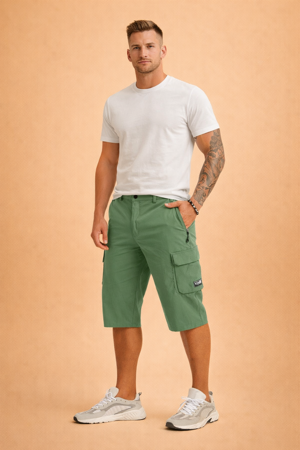 Men’s olive green outdoor cargo shorts with a smooth matte fabric finish, knee-length straight cut, structured waistband with belt loops and single button closure, zip fly, side hand pockets, one zippered utility pocket, one flap cargo pocket with stitched label, clean seams, and uniform solid color with no pattern variation or distressing.