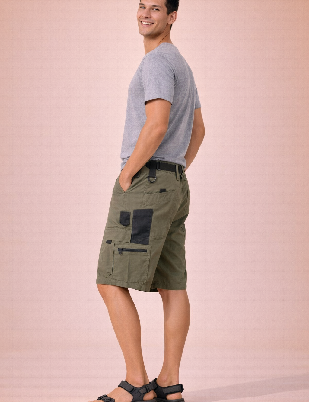 Men’s tactical cargo shorts in solid olive green with visible ripstop grid fabric texture, straight above-knee length, zip fly with single button closure, reinforced belt loops, multi-pocket utility design with side cargo flap pockets and zip pocket detail, clean stitched hems, and durable outdoor construction.