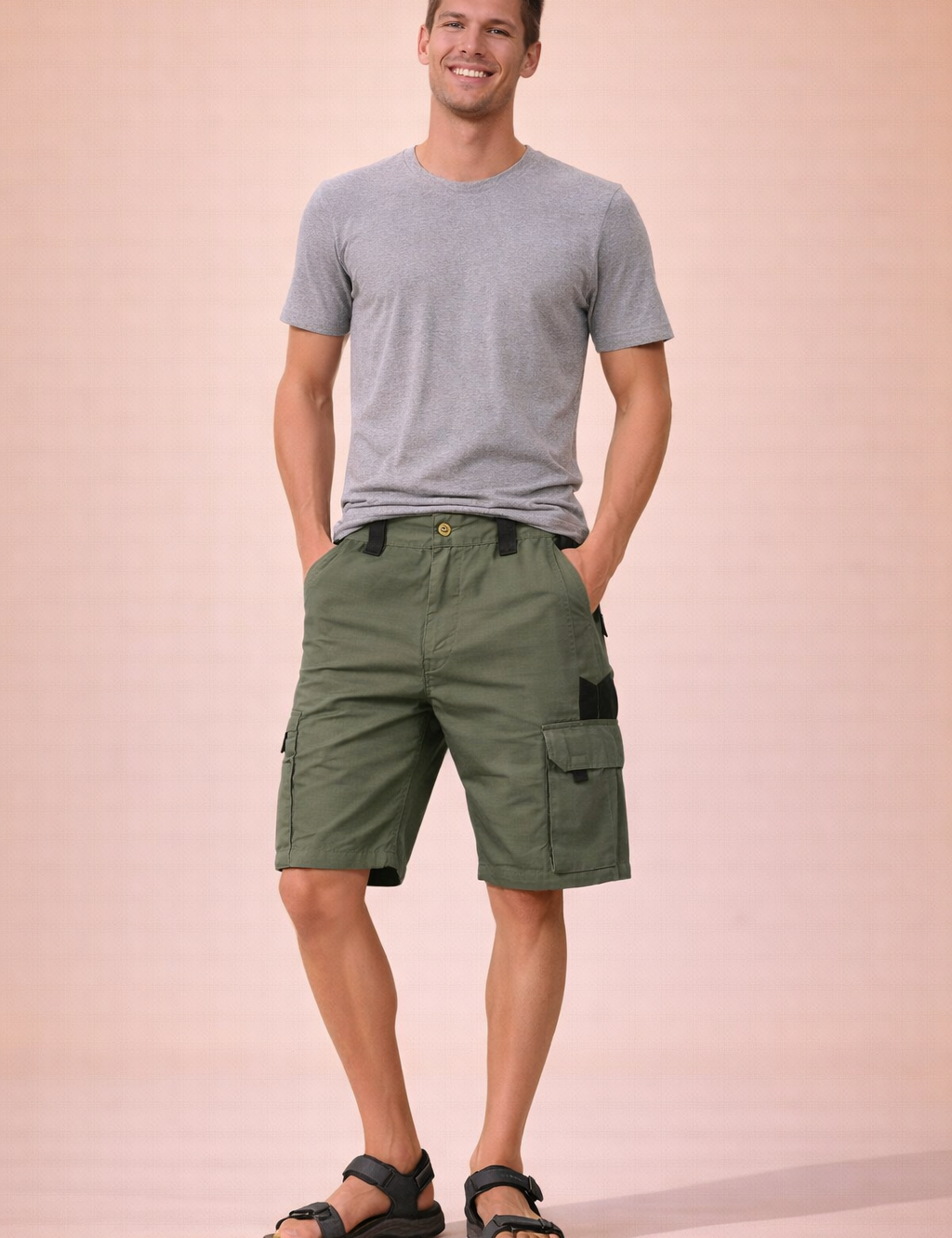 Men’s tactical cargo shorts in solid olive green with visible ripstop grid fabric texture, straight above-knee length, zip fly with single button closure, reinforced belt loops, multi-pocket utility design with side cargo flap pockets and zip pocket detail, clean stitched hems, and durable outdoor construction.