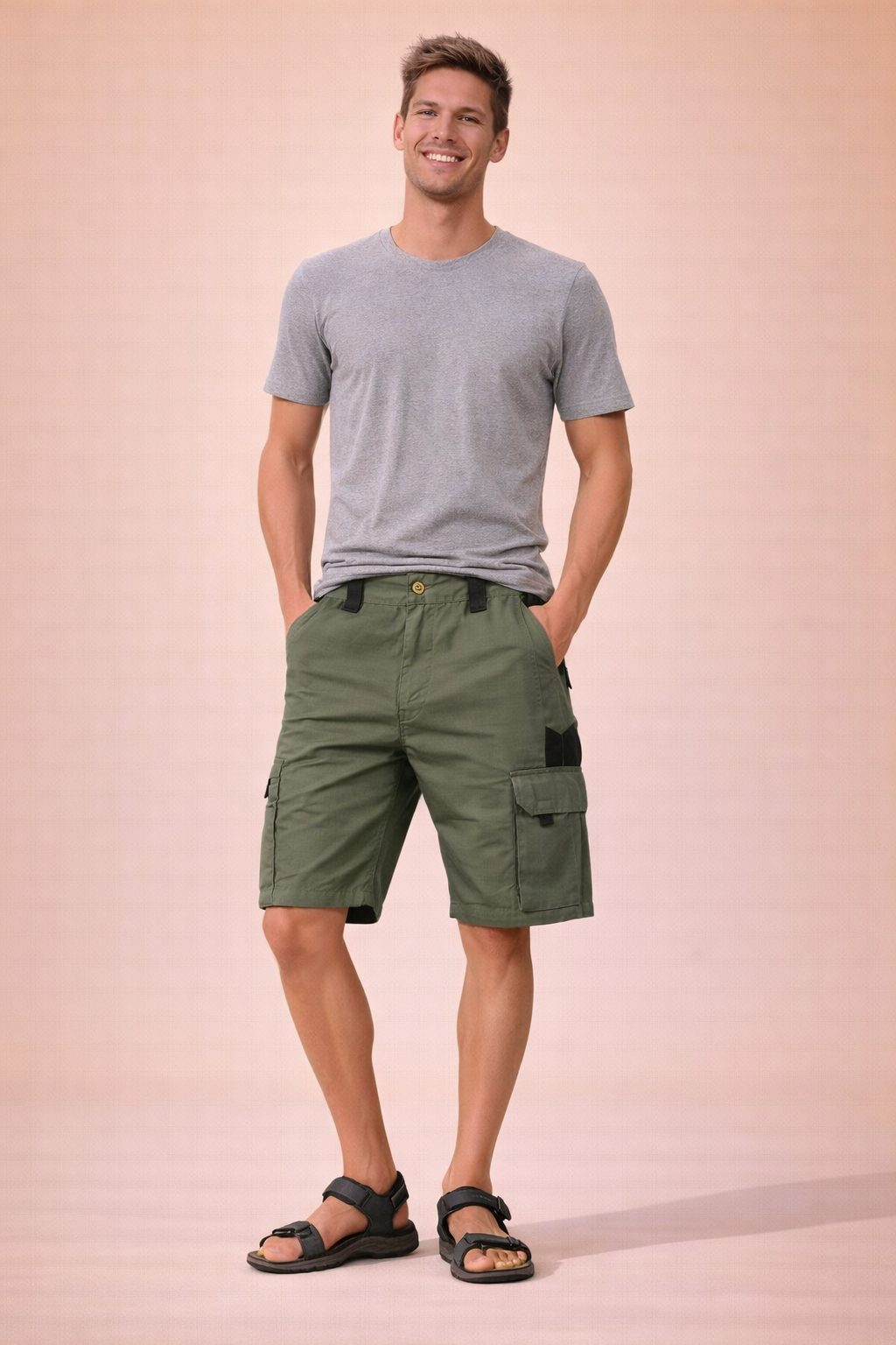 Men’s tactical cargo shorts in solid olive green with visible ripstop grid fabric texture, straight above-knee length, zip fly with single button closure, reinforced belt loops, multi-pocket utility design with side cargo flap pockets and zip pocket detail, clean stitched hems, and durable outdoor construction.