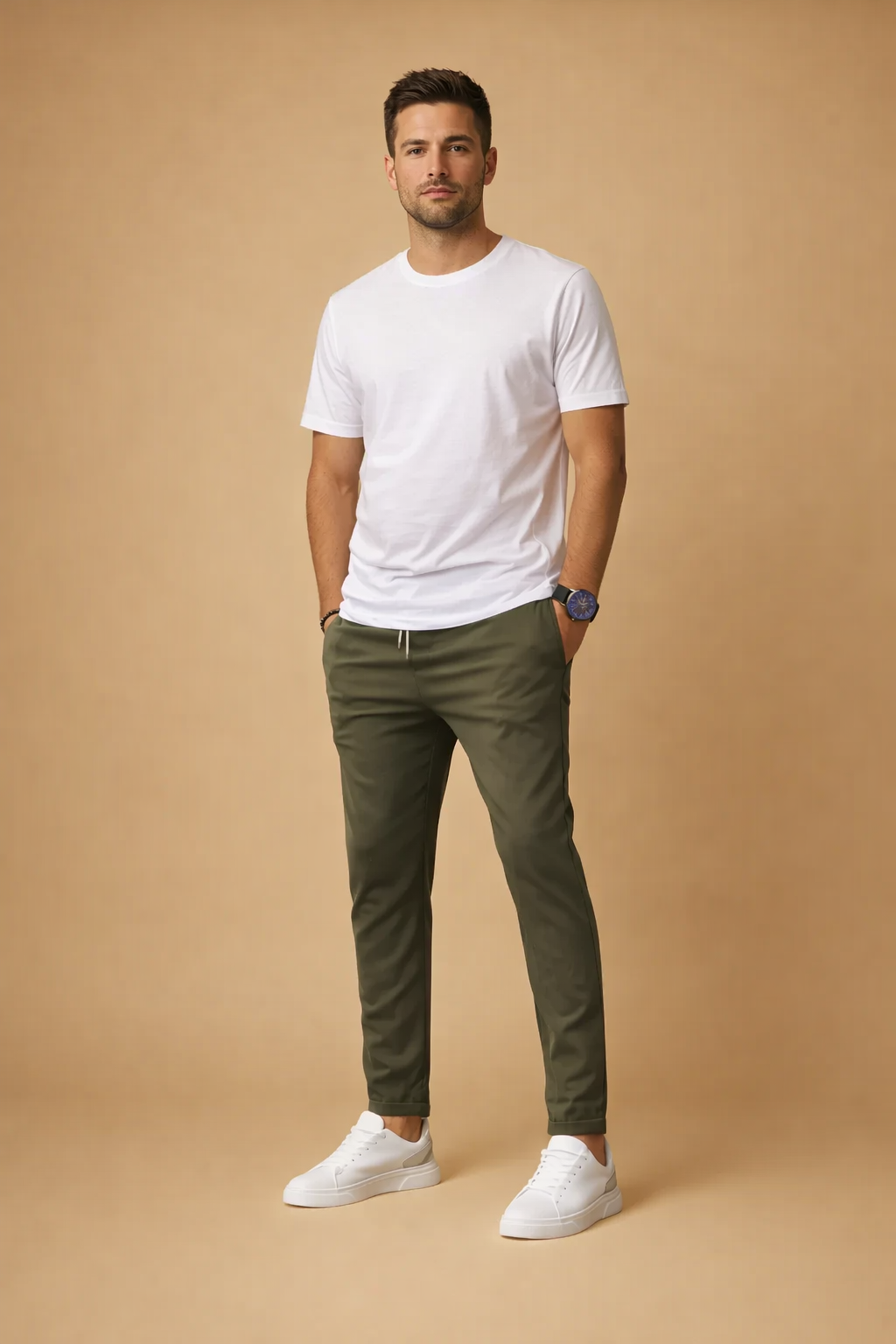 Men’s slim-fit olive jogger trousers with tapered legs and elastic waistband, styled with a plain white short-sleeve T-shirt and clean white low-top sneakers.