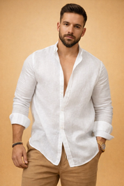 Men’s lightweight long-sleeve button-up top with an open collar design, clean front placket, relaxed tailored fit, and neatly finished cuffs, styled with slim straight-cut trousers for a refined modern look.