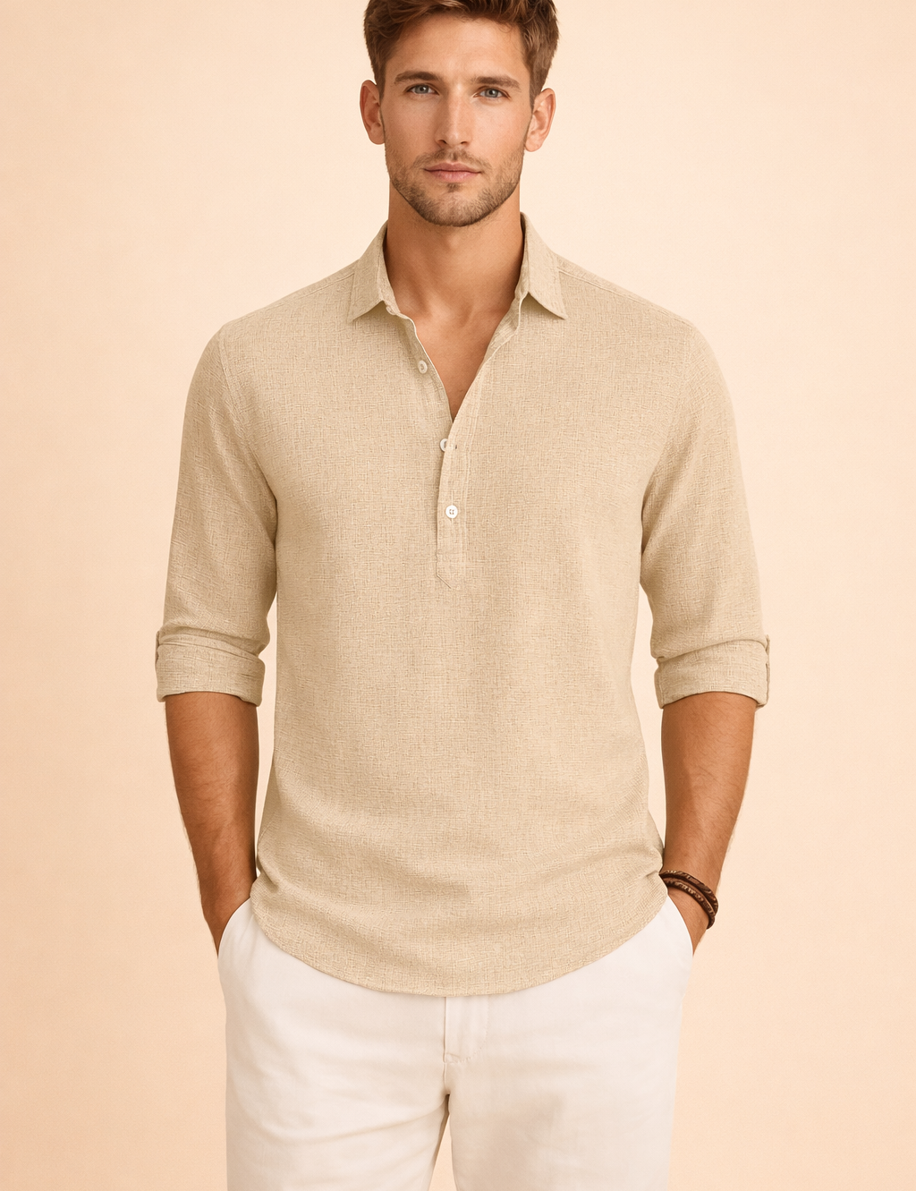 Relaxed-fit long-sleeve shirt with a partial button placket, clean open collar, subtly textured fabric surface, and neatly rolled sleeves, paired with straight-cut tailored trousers for a refined warm-weather smart casual look.
