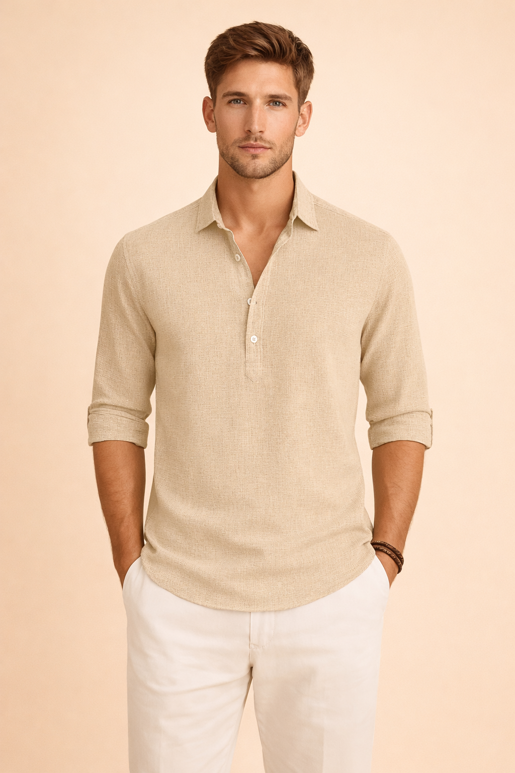 Relaxed-fit long-sleeve shirt with a partial button placket, clean open collar, subtly textured fabric surface, and neatly rolled sleeves, paired with straight-cut tailored trousers for a refined warm-weather smart casual look.