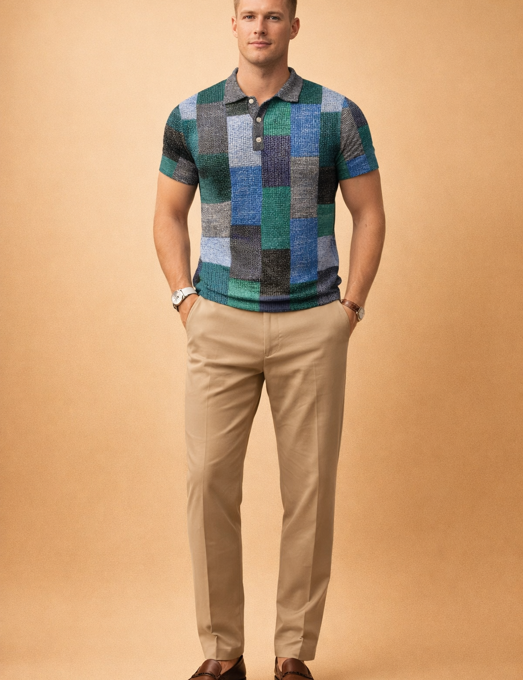 Men’s short-sleeve polo shirt with a textured woven fabric featuring a patchwork block pattern in deep green, teal, blue, charcoal gray, and light gray tones, designed with a classic polo collar and button placket, paired with tailored beige trousers and brown leather loafers.