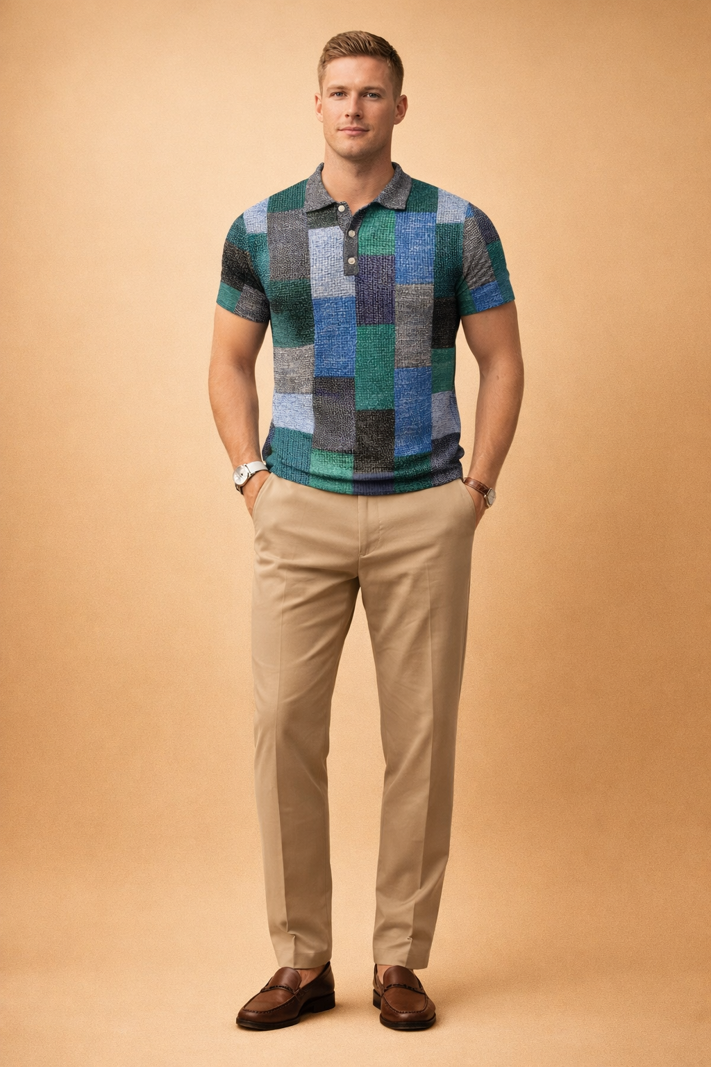 Men’s short-sleeve polo shirt with a textured woven fabric featuring a patchwork block pattern in deep green, teal, blue, charcoal gray, and light gray tones, designed with a classic polo collar and button placket, paired with tailored beige trousers and brown leather loafers.