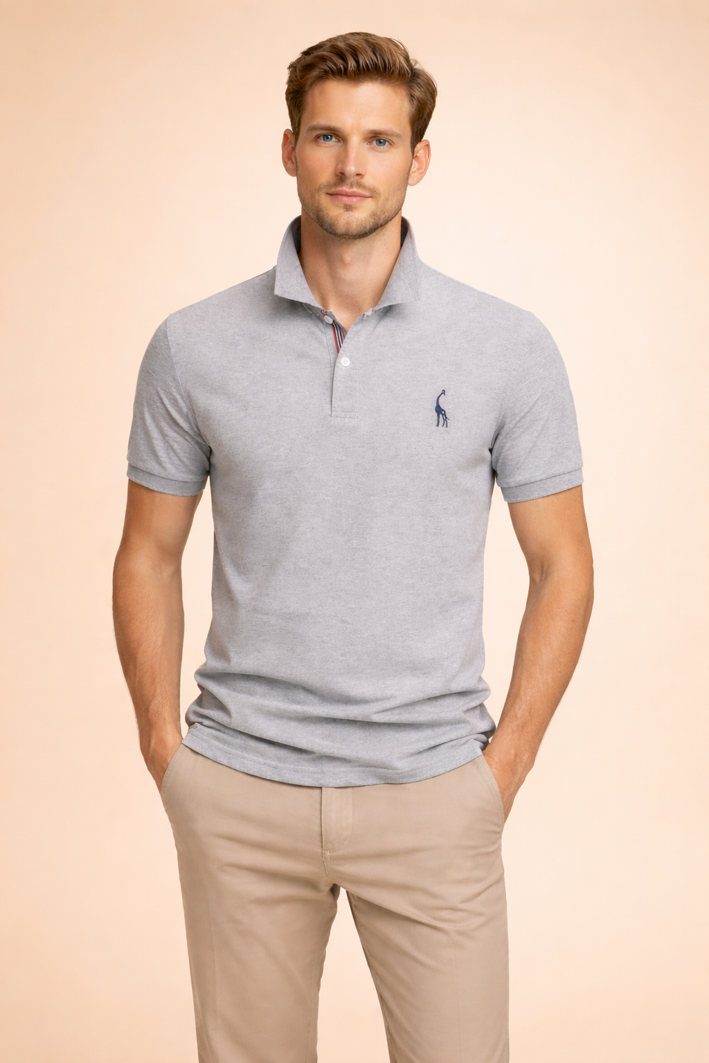 Short-sleeve men’s polo shirt with structured collar, clean button placket, subtle embroidered chest logo, and a tailored slim fit for a polished everyday look.