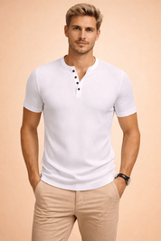Short-sleeve ribbed Henley top with clean round neckline, four-button placket, subtle vertical texture, tailored slim fit, and a structured modern silhouette suitable for smart-casual styling.
