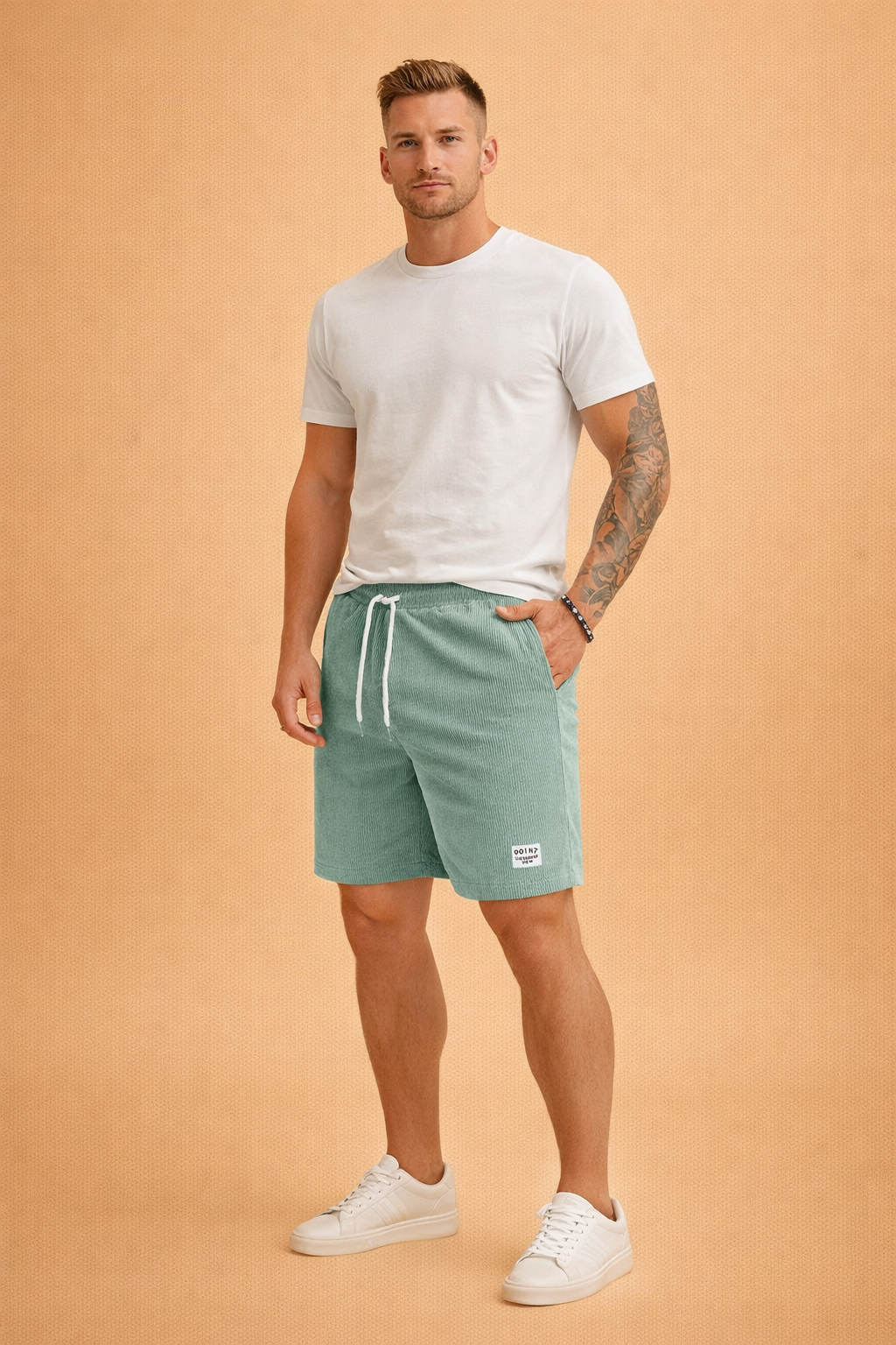 Light sage green corduroy men’s casual shorts featuring a fine vertical ribbed fabric texture, elastic waistband with adjustable white drawstring, straight knee-length cut, smooth matte cotton finish, functional side pockets, and a small rectangular woven logo patch on the lower hem, paired with a solid burgundy short-sleeve crew-neck T-shirt in a smooth cotton jersey fabric with a clean, minimal silhouette.