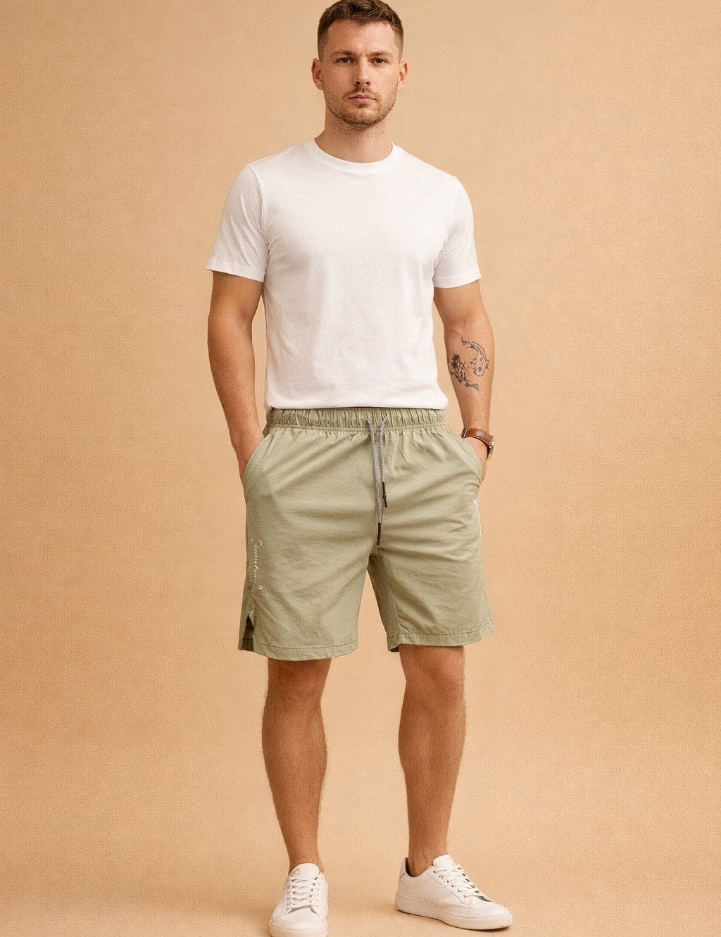 Light sage green lightweight woven men’s summer shorts with elastic waistband and drawstring, smooth matte fabric texture, paired with a clean solid white short-sleeve crew neck t-shirt and minimalist white low-top sneakers for a modern casual look.