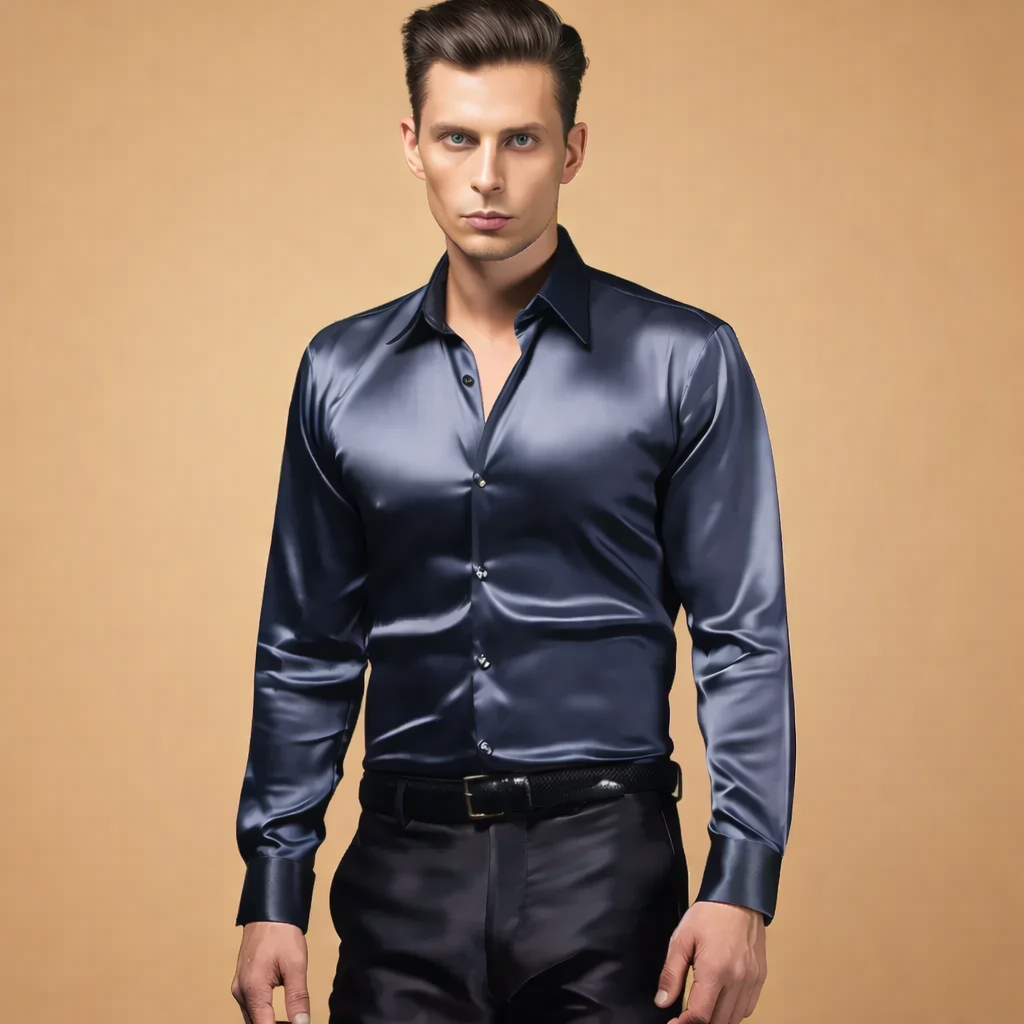 Men’s long-sleeve satin-finish button-up shirt with a smooth glossy surface, classic pointed collar, front button closure, tailored fit, and structured cuffs, styled with slim-fit formal trousers and a clean waistband silhouette.