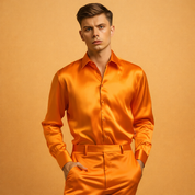 Luxurious long-sleeve satin shirt with a smooth glossy finish, classic button-front closure, tailored waistline, and matching high-waist trousers with a clean straight-leg cut and refined structured fit.
