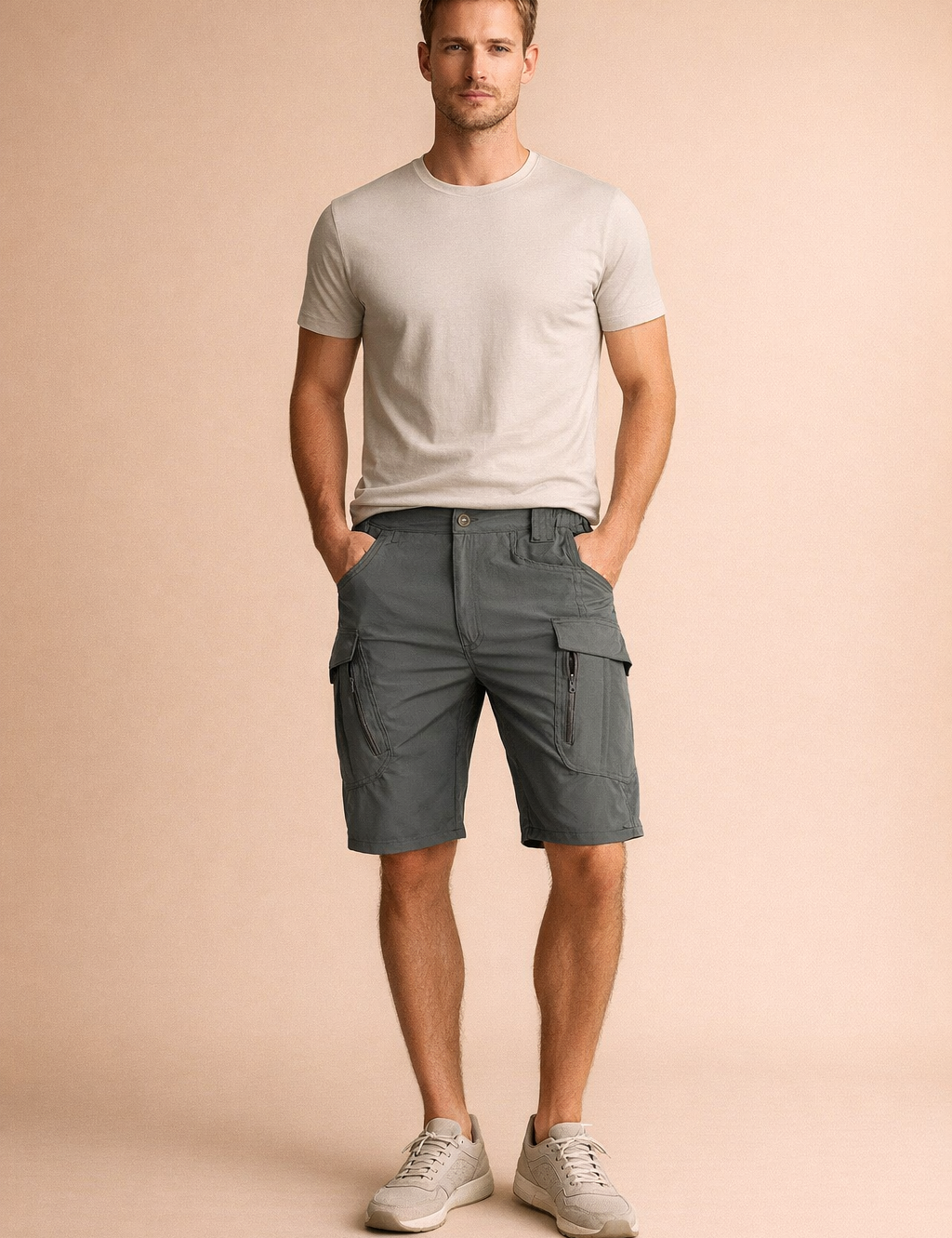 Mens tactical cargo shorts in muted slate green featuring durable woven fabric, straight knee length cut, reinforced stitching, elasticated waistband sections, front button closure, multiple utility pockets with zip and flap details, and structured seams designed for functional everyday wear.