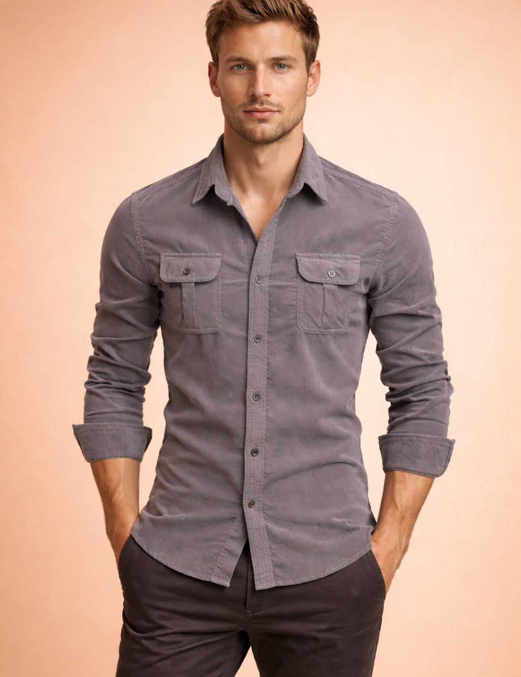 Long-sleeve button-up shirt with a structured collar, dual chest flap pockets, and a tailored slim fit, paired with clean straight-leg trousers for a sharp smart-casual look.