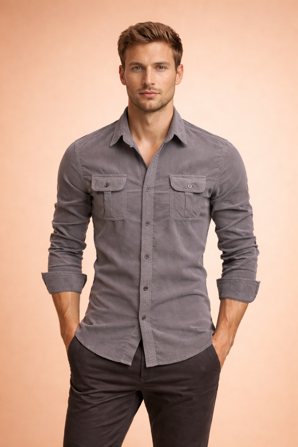 Long-sleeve button-up shirt with a structured collar, dual chest flap pockets, and a tailored slim fit, paired with clean straight-leg trousers for a sharp smart-casual look.