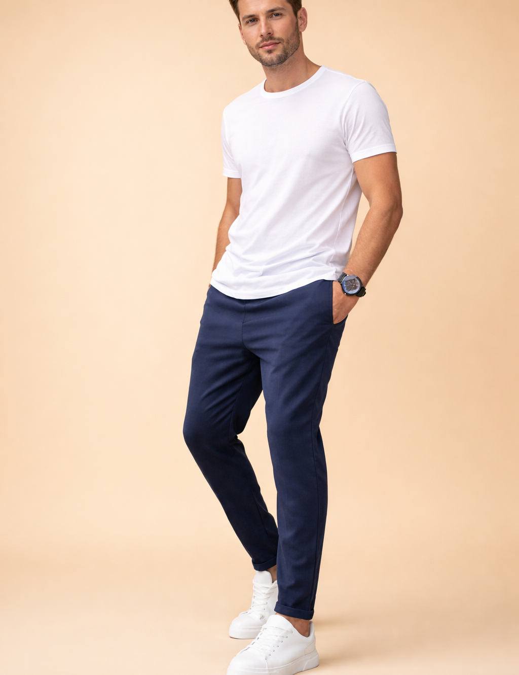 Slim-fit tapered jogger pants with elastic drawstring waist, clean front seams, ankle-length cut, and a smooth tailored drape styled with a minimalist short-sleeve crew-neck top and low-profile lace-up sneakers.