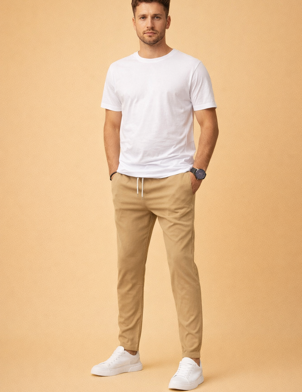 Slim-fit tailored trousers with a clean straight leg, paired with a minimalist short-sleeve crew-neck top and low-profile lace-up sneakers for a refined modern casual look.