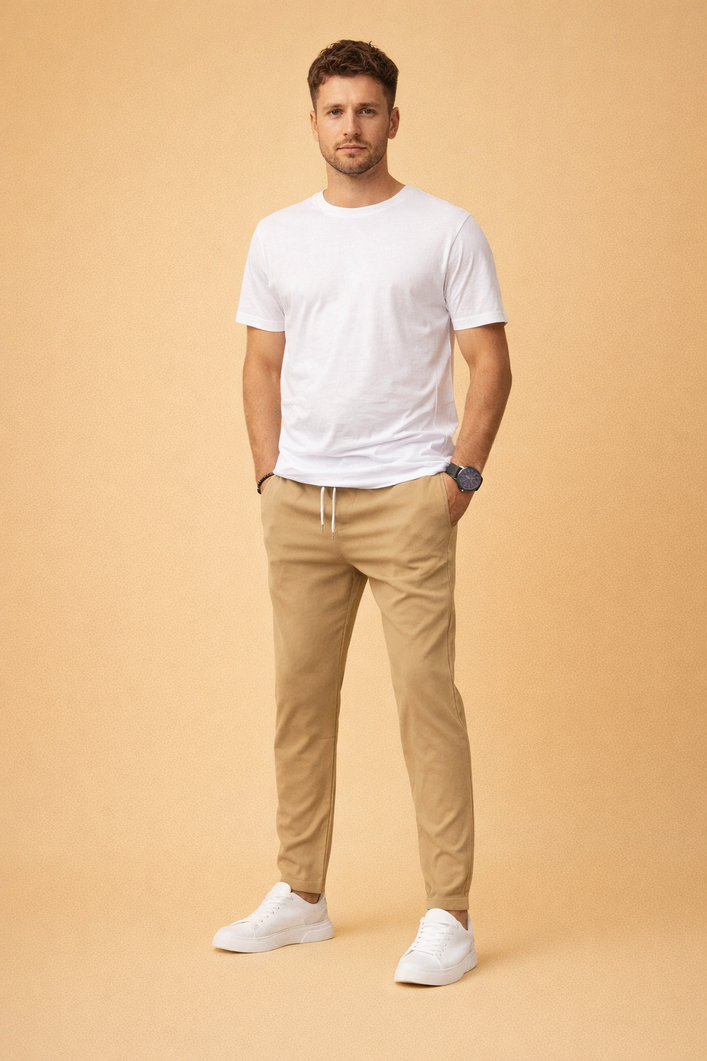 Slim-fit tailored trousers with a clean straight leg, paired with a minimalist short-sleeve crew-neck top and low-profile lace-up sneakers for a refined modern casual look.