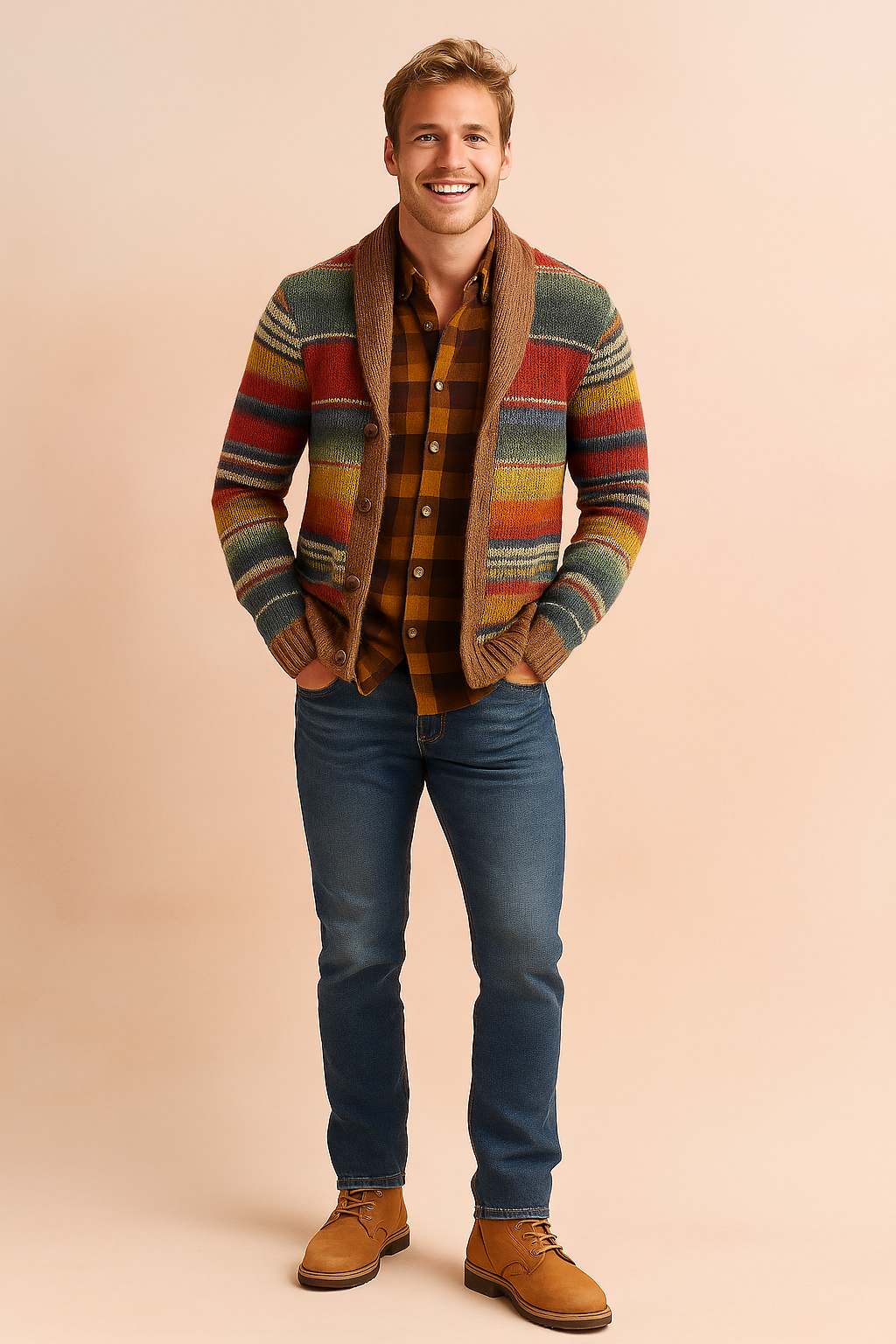 Men’s multicolor striped cardigan with a chunky shawl collar, button front closure, and ribbed cuffs, layered over a brown plaid shirt, styled with slim-fit blue jeans and tan leather boots.