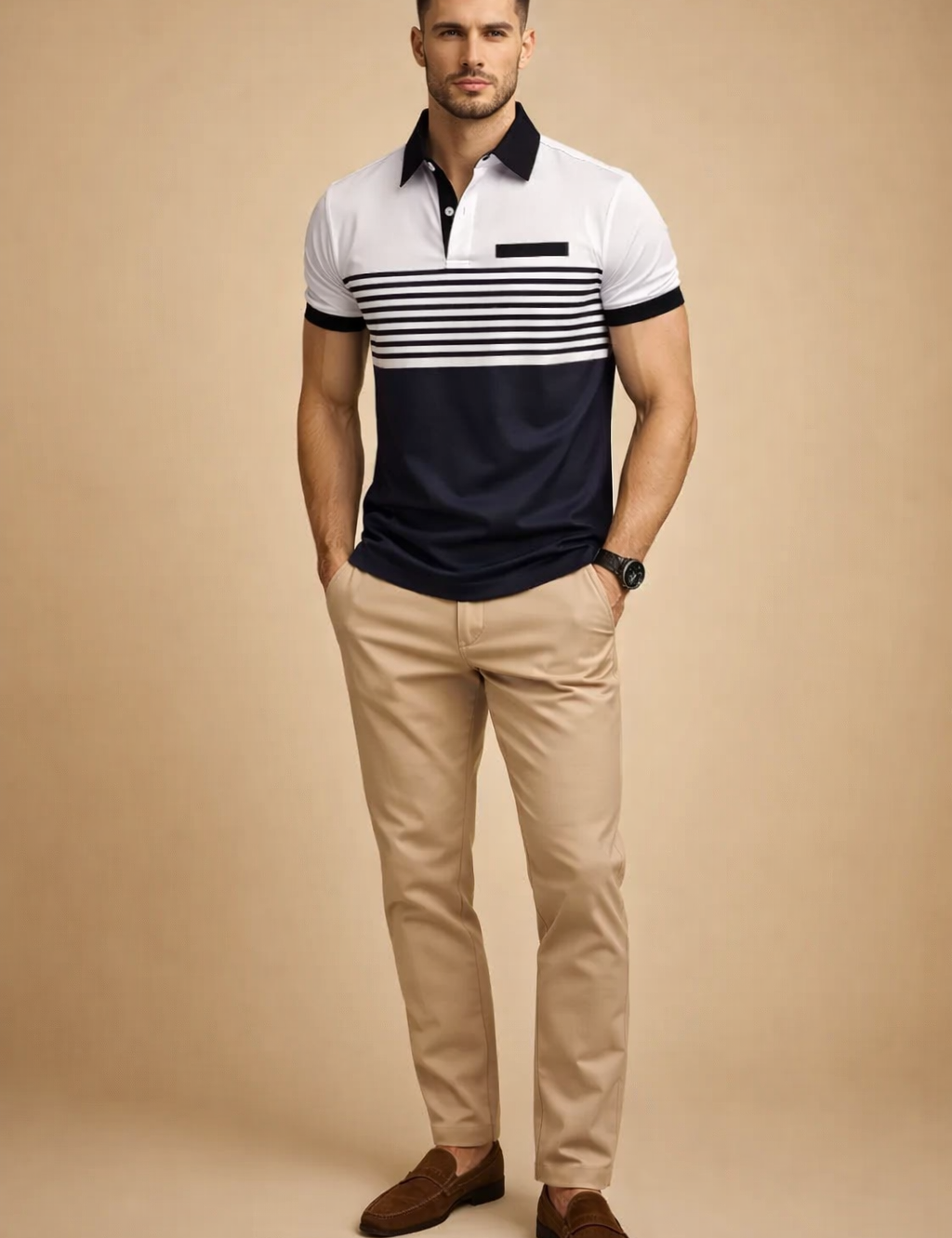 Short-sleeve mens polo shirt with white upper panel, navy horizontal stripe detailing across the chest, solid navy lower section, contrasting black collar and sleeve cuffs, paired with slim-fit beige chinos and dark leather lace-up shoes for a refined smart-casual look