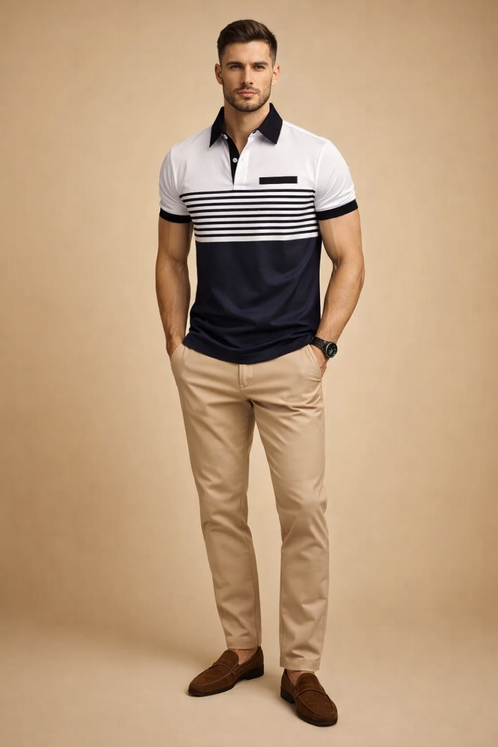 Short-sleeve mens polo shirt with white upper panel, navy horizontal stripe detailing across the chest, solid navy lower section, contrasting black collar and sleeve cuffs, paired with slim-fit beige chinos and dark leather lace-up shoes for a refined smart-casual look
