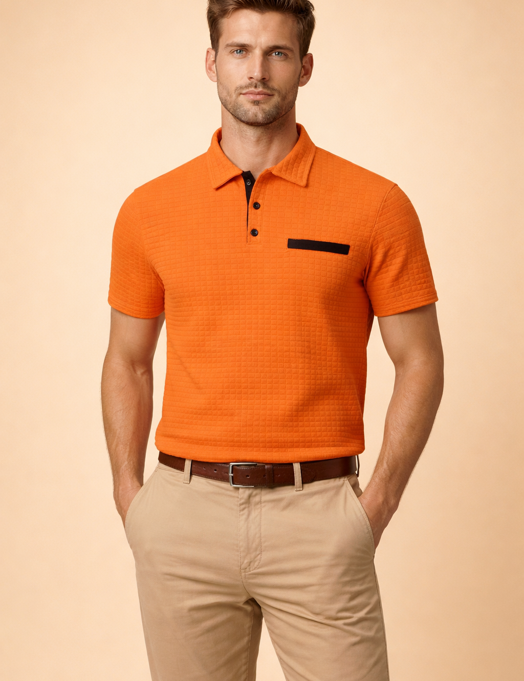 Men’s short-sleeve polo top with a structured textured surface, classic collar, two-button placket, and contrasting chest detail, styled with tailored straight-leg chinos for a clean modern look.