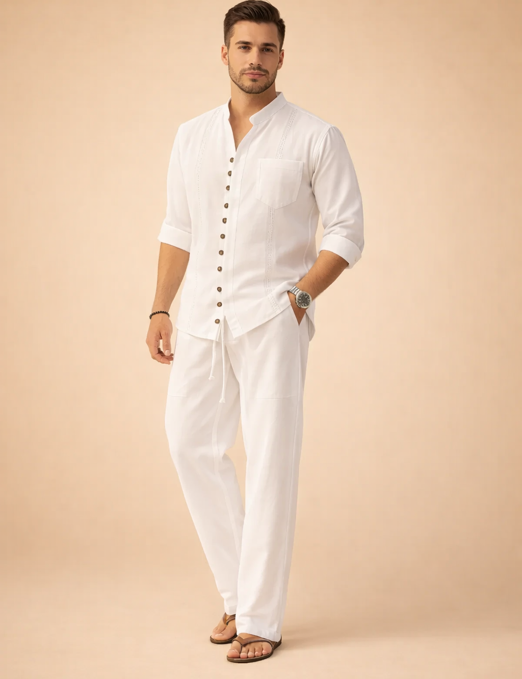 Men’s two-piece summer set featuring a long-sleeve button-front shirt with mandarin collar, decorative vertical stitching, chest pocket, and a relaxed-fit drawstring trouser with straight legs and clean hem finish.