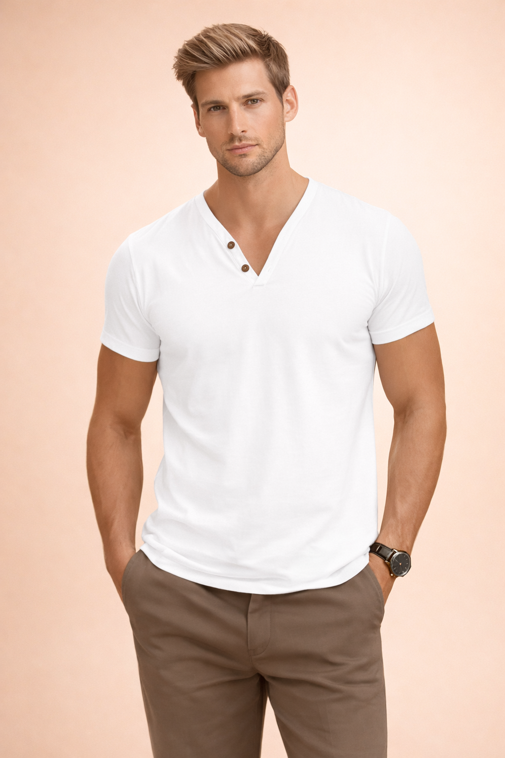 White short-sleeve men’s V-neck Henley T-shirt with a clean button placket, smooth knit finish, tailored slim fit, and a straight hem for a refined casual look.