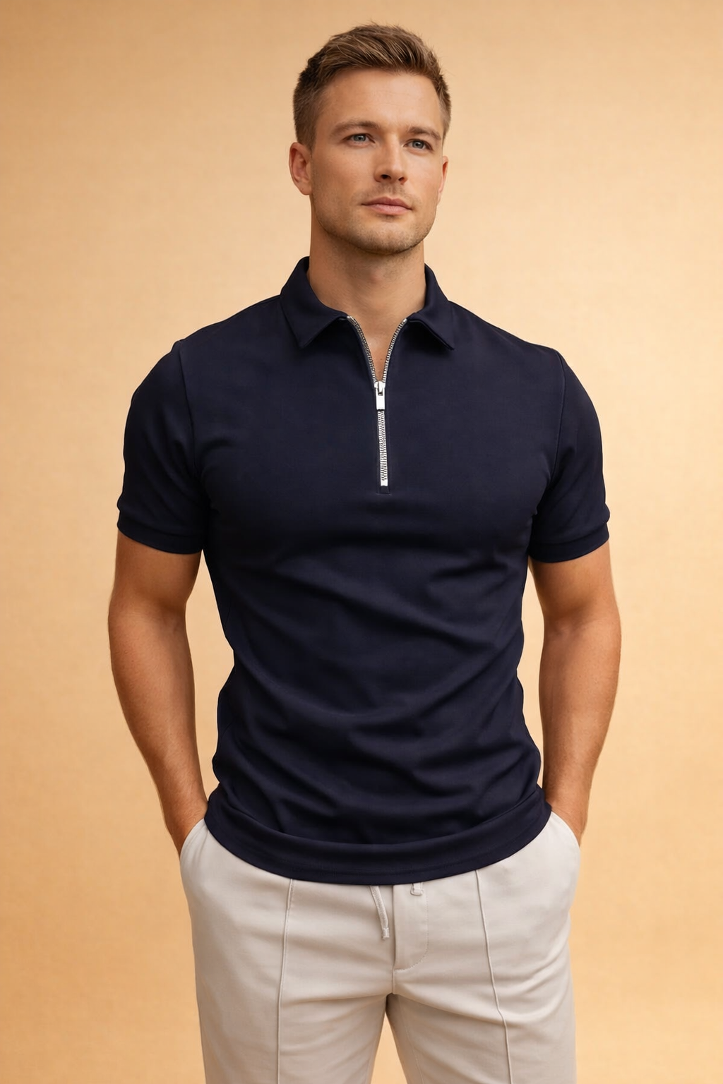 Slim-fit short-sleeve zip-collar top with a clean polo-style neckline, smooth structured fabric, and a straight hem, paired with tailored drawstring trousers featuring a clean front seam and a relaxed yet refined silhouette
