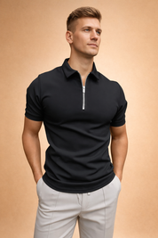 Slim-fit short-sleeve zip-neck polo top paired with tailored straight-leg trousers, featuring a clean minimalist cut, smooth fabric drape, and a refined modern silhouette suitable for smart-casual wear.