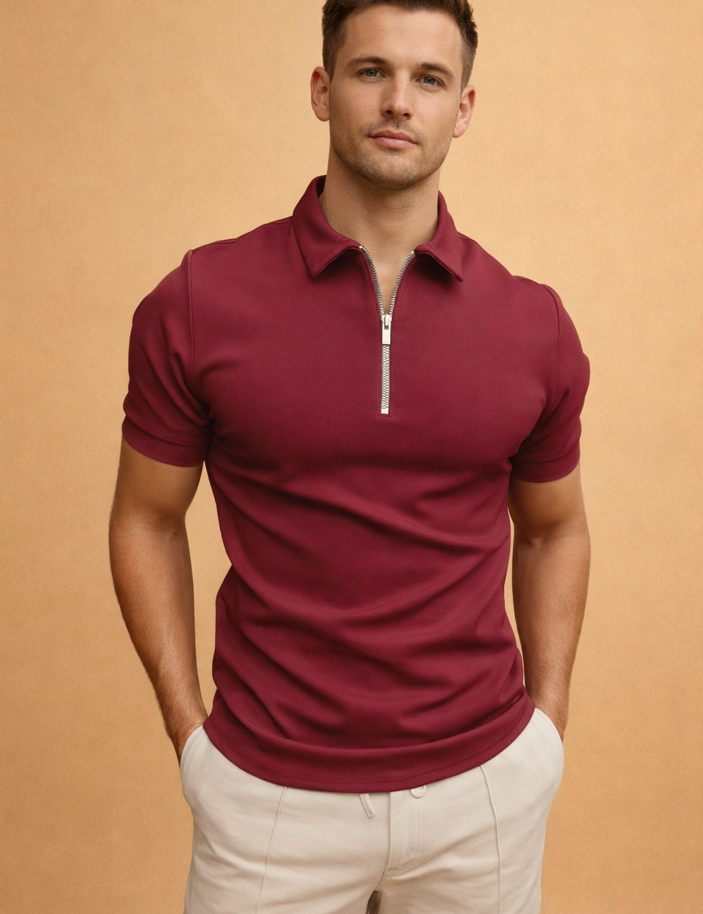 Men’s fitted short-sleeve zip-neck polo top paired with tailored light beige trousers, clean modern silhouette with a structured collar and smooth finish.