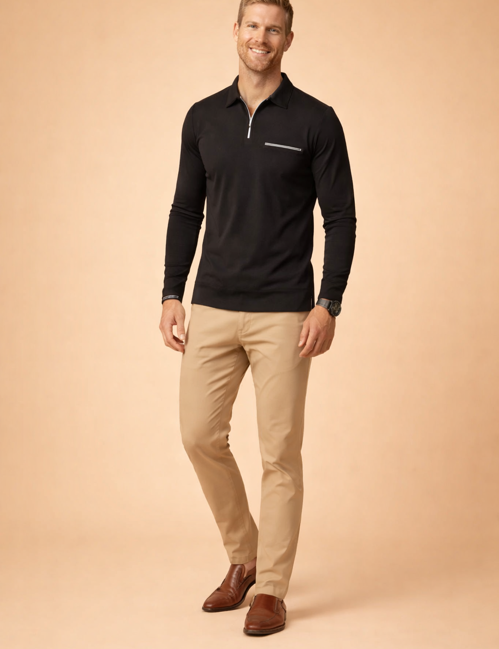 Modern men’s fitted long-sleeve zip-neck top styled with slim straight-leg trousers and classic leather dress shoes, creating a clean smart-casual outfit suitable for everyday wear and refined occasions.
