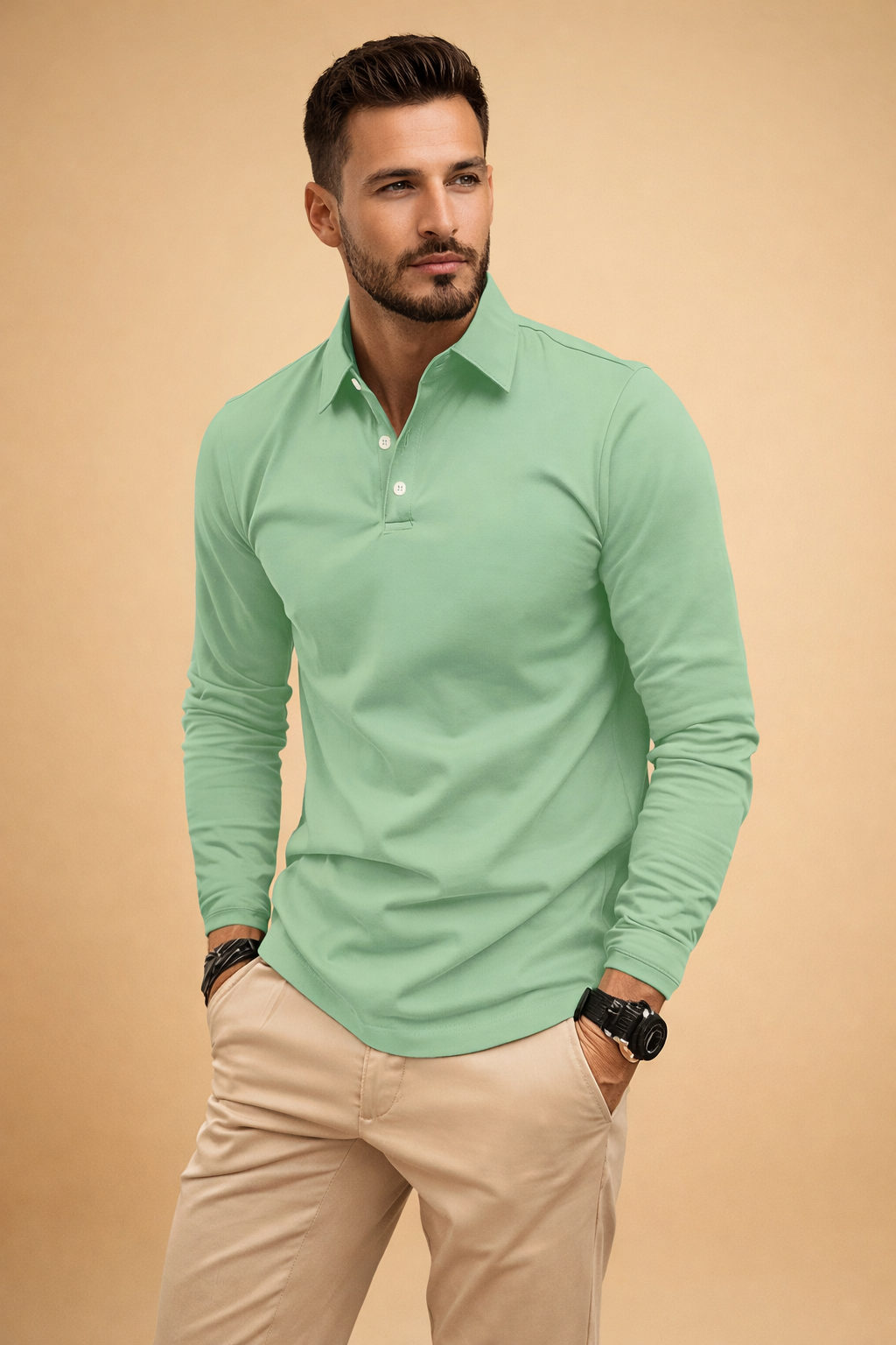 Mint green long-sleeve polo shirt with a clean two-button placket, tailored slim fit, smooth knit texture, paired with beige straight-cut chinos in a refined casual style.