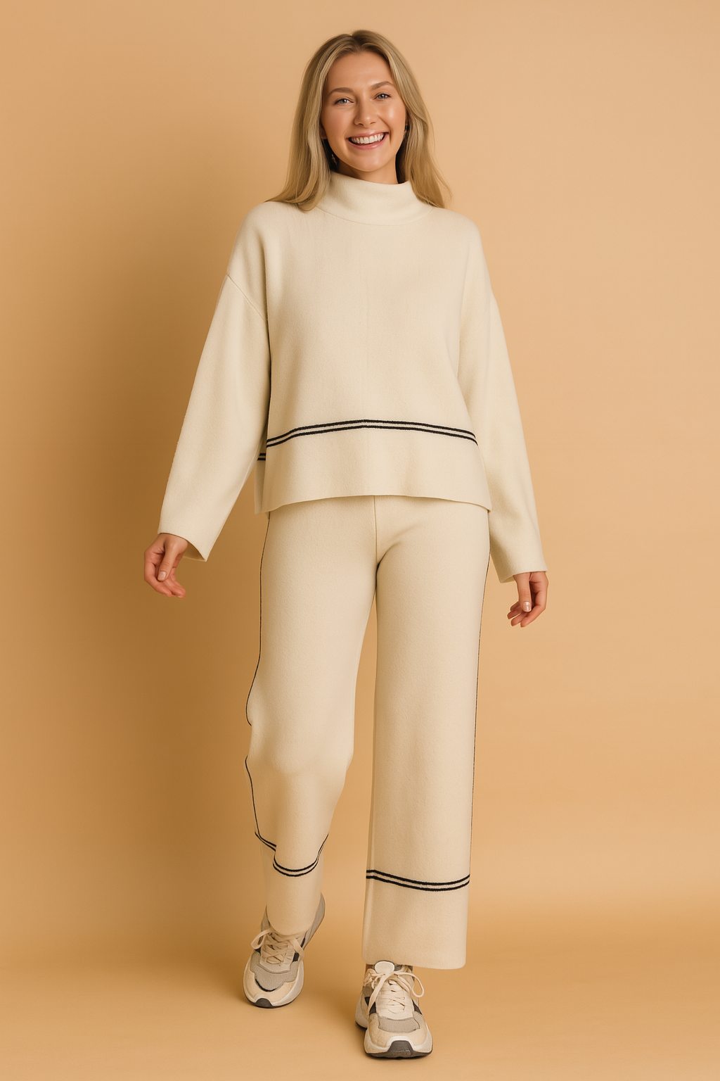 Two-piece beige knit lounge set featuring a relaxed mock-neck sweater with wide sleeves and coordinating wide-leg pants, both detailed with slim black piping lines.