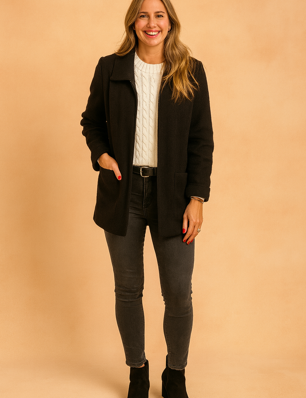 Black wool coat layered over a white cable-knit sweater, styled with dark gray jeans, black suede ankle boots, and a black belt with a silver buckle.