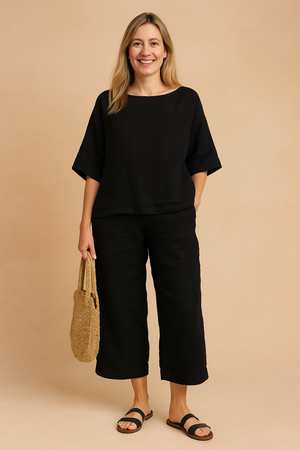 Black linen two-piece set featuring a relaxed-fit elbow-sleeve top and matching cropped pants with a folded hem, styled with black sandals and a woven straw handbag.