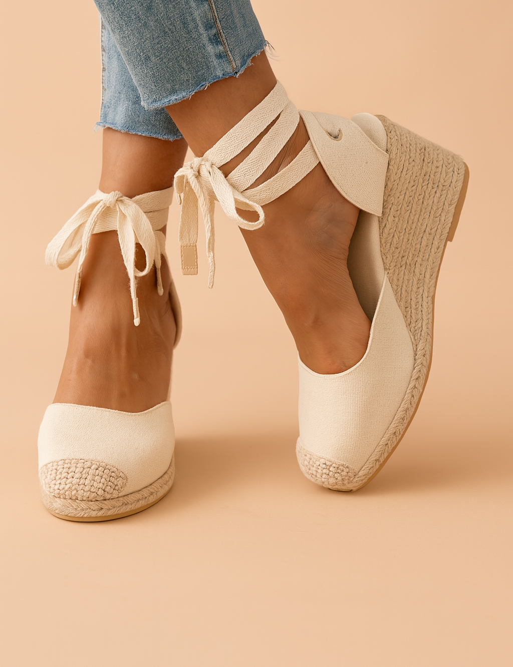 Cream-colored canvas wedge espadrilles with woven jute heels and thick ankle ties, featuring textured toe caps and minimalist stitching.