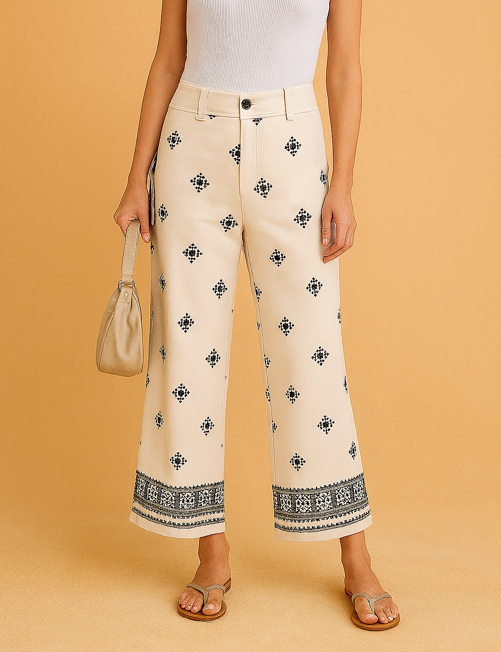 Cream-colored cropped wide-leg pants featuring black geometric embroidery throughout and an ornate black border design along the hem, styled with a button closure, belt loops, and paired with neutral flat sandals.
