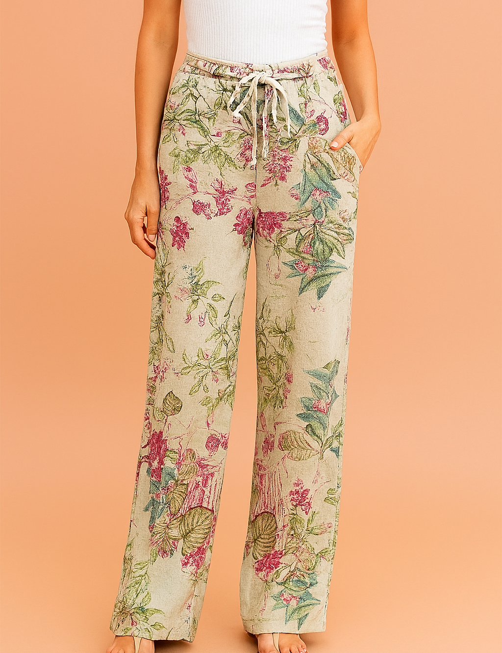 Beige wide-leg linen pants featuring a vibrant botanical floral print in shades of magenta, green, and teal, styled with a drawstring waistband and paired with neutral-tone sandals.