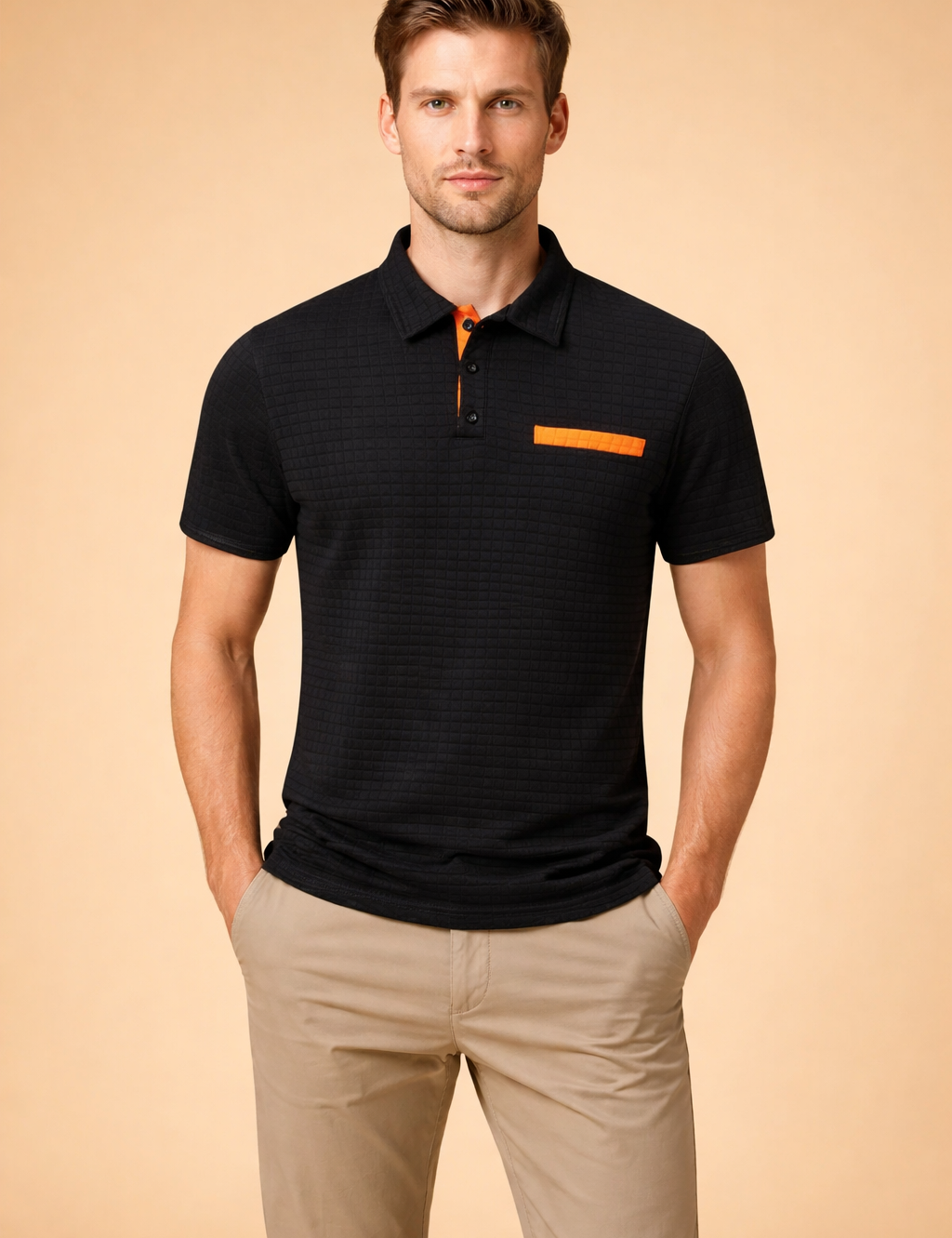 Textured short-sleeve black polo top with subtle grid pattern, contrast button placket detail, and minimal chest accent, paired with tailored beige chinos for a clean modern menswear look