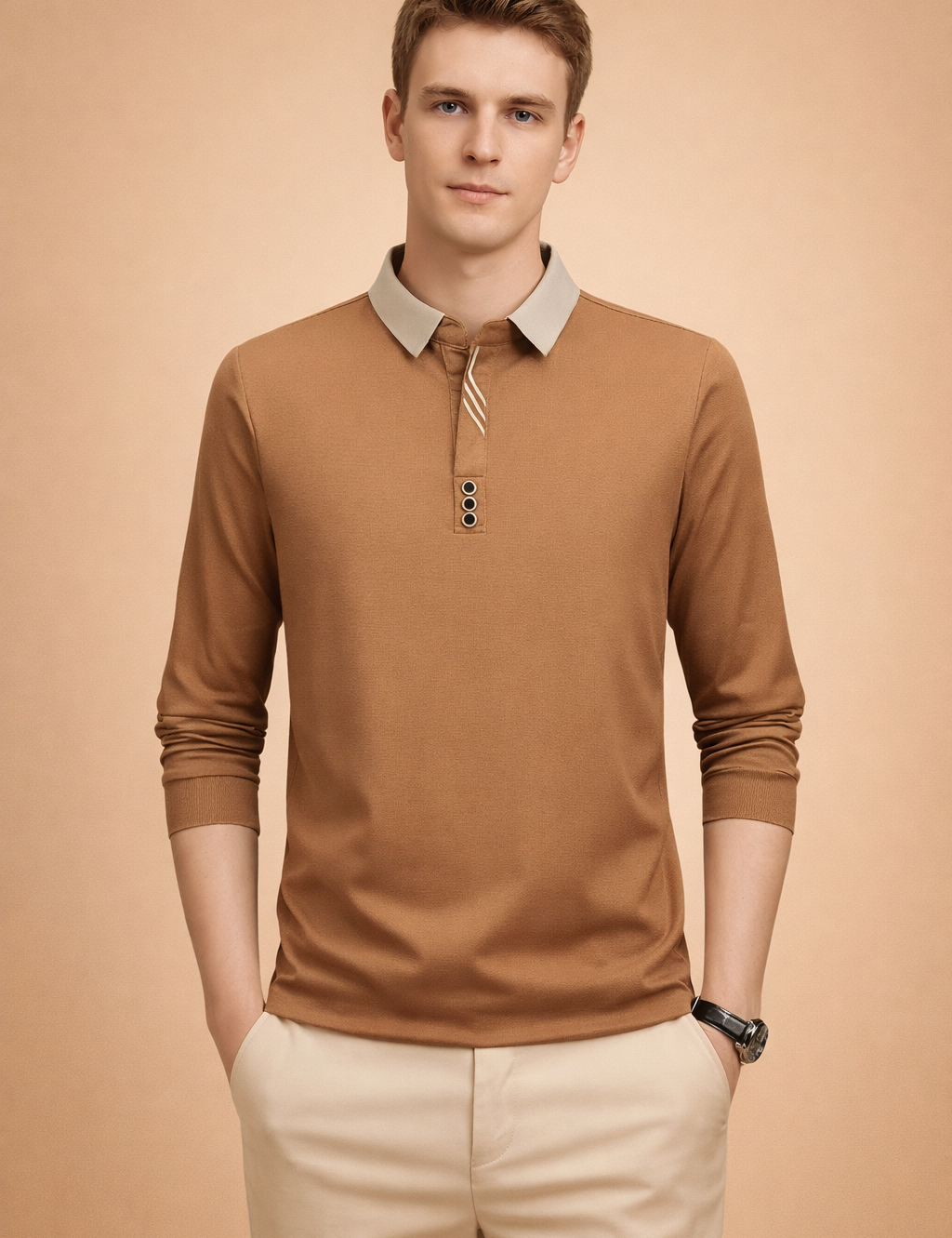 Long-sleeve polo-style top with a structured contrast collar, clean button placket detail, slim straight fit through the torso, and refined cuffs, styled with tailored light neutral trousers for a polished smart-casual look.
