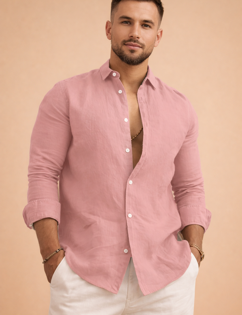 Men’s tailored long-sleeve button-up top with a structured collar, clean front placket, neatly aligned buttons, refined shoulder seams, and a smooth draped fit, styled with slim straight-leg trousers for a polished modern look.
