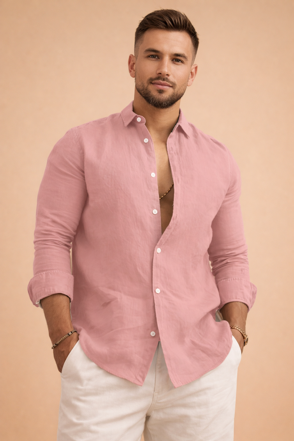 Men’s tailored long-sleeve button-up top with a structured collar, clean front placket, neatly aligned buttons, refined shoulder seams, and a smooth draped fit, styled with slim straight-leg trousers for a polished modern look.