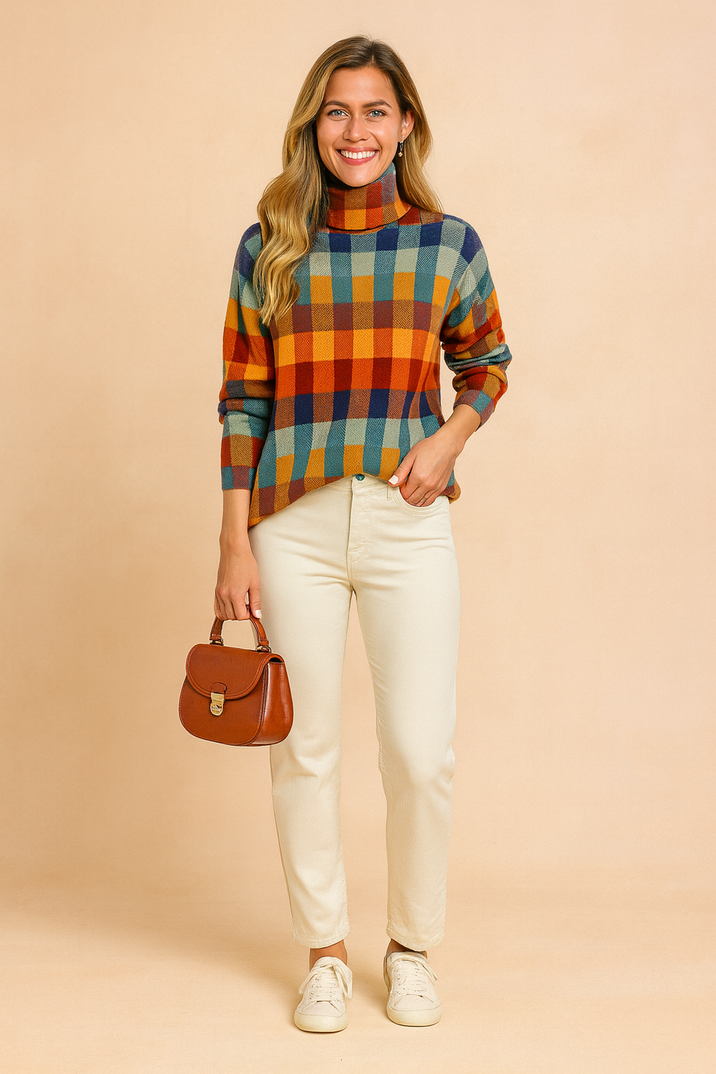 Multicolored checkered turtleneck sweater with long sleeves, soft knit texture, and a relaxed fit paired with off-white straight-leg pants and casual white sneakers.