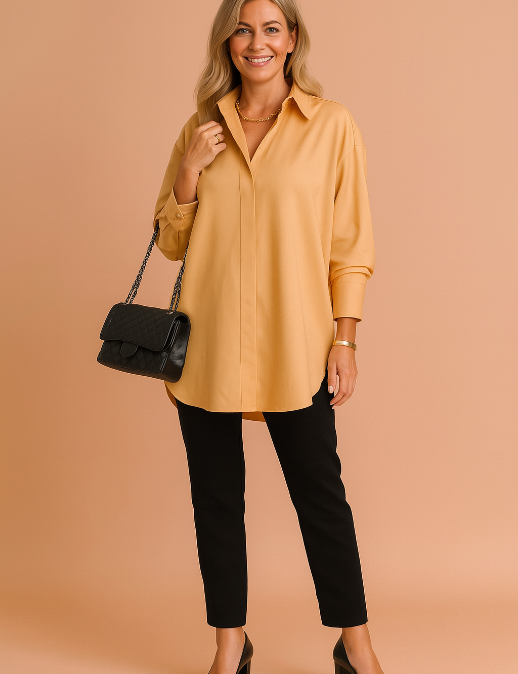 Mustard yellow oversized long-sleeve blouse with a clean collar and concealed front placket, paired with fitted black trousers and black block-heeled pumps; completed with a quilted black chain-strap handbag.