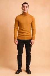 Mustard yellow ribbed turtleneck sweater for men, styled with a slim fit and classic vertical stripe knit design, perfect for casual or semi-formal wear.